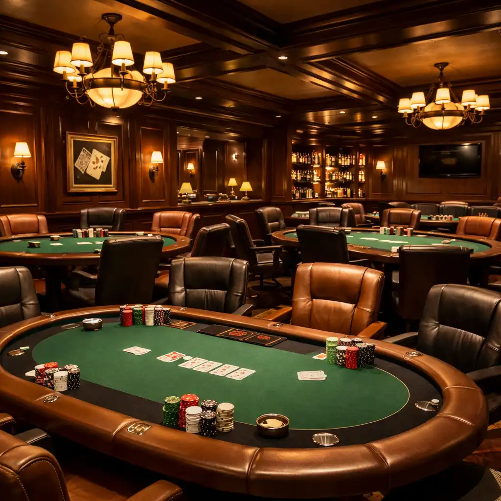 Elegáns Card Room belső tér több pokerasztallal, sötét faburkolattal és meleg világítással
