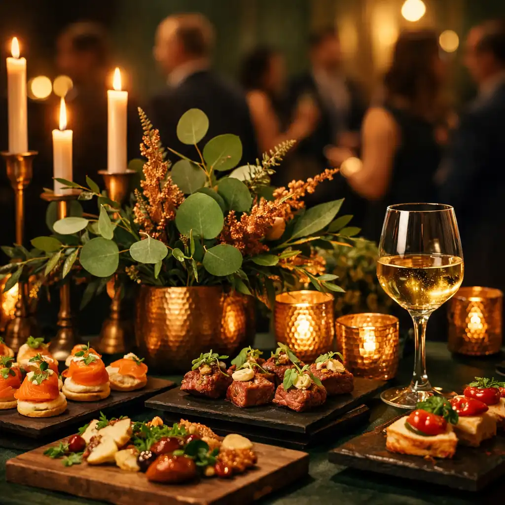 Prémium catering fogások és bor egy elegáns céges rendezvény asztalán