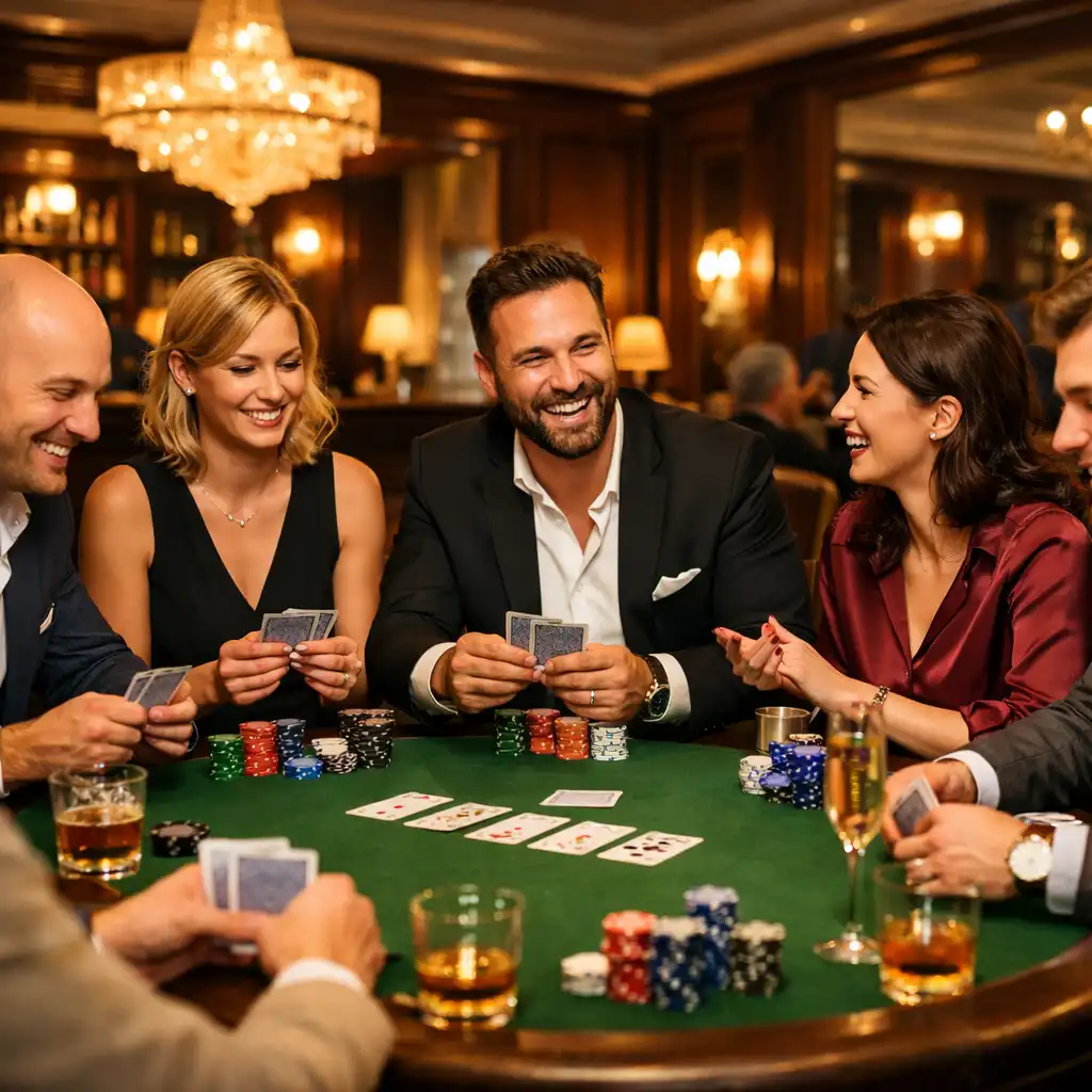 Céges esemény, ahol kollégák játszanak egy pokerasztalnál elegáns környezetben