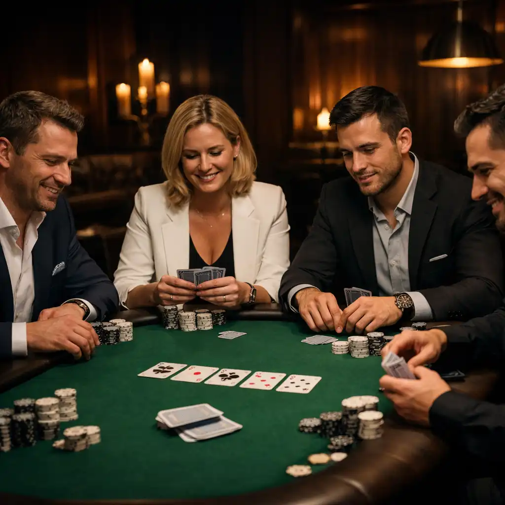 Elegáns Poker Lounge környezet, ahol kollégák Texas Hold’em-et játszanak