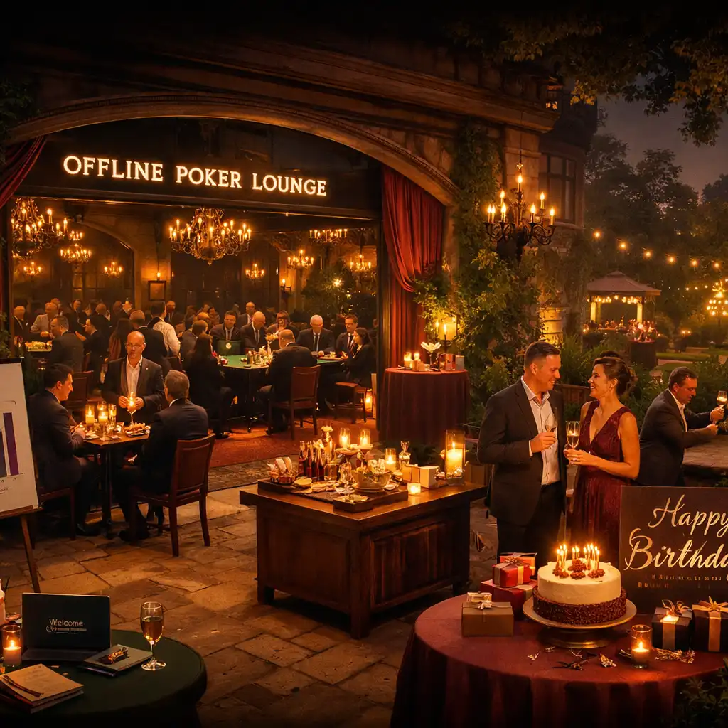 Kifinomult esti esemény egy sötét botanikus kastélyban, a háttérben offline poker lounge fizikai asztalokkal