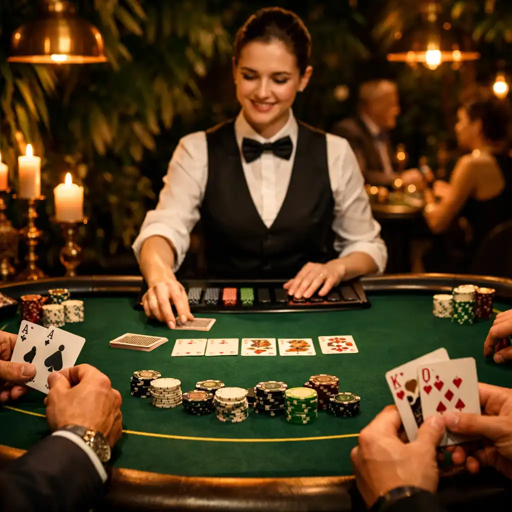 Offline poker est prémium Poker Lounge-ban, elegáns pokerasztallal és professzionális osztóval