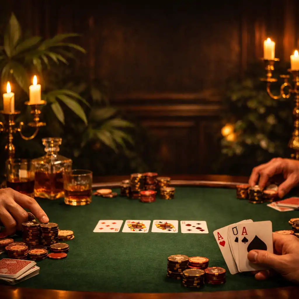 Elegáns offline pokerasztal gyertyafényes, sötét botanikus kastélyteremben, kártyákkal és zsetonokkal