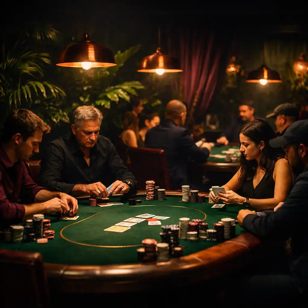 Offline poker lounge több fizikai pokerasztallal, vendégek szemtől szemben ülnek kártyákkal és semleges zsetonokkal