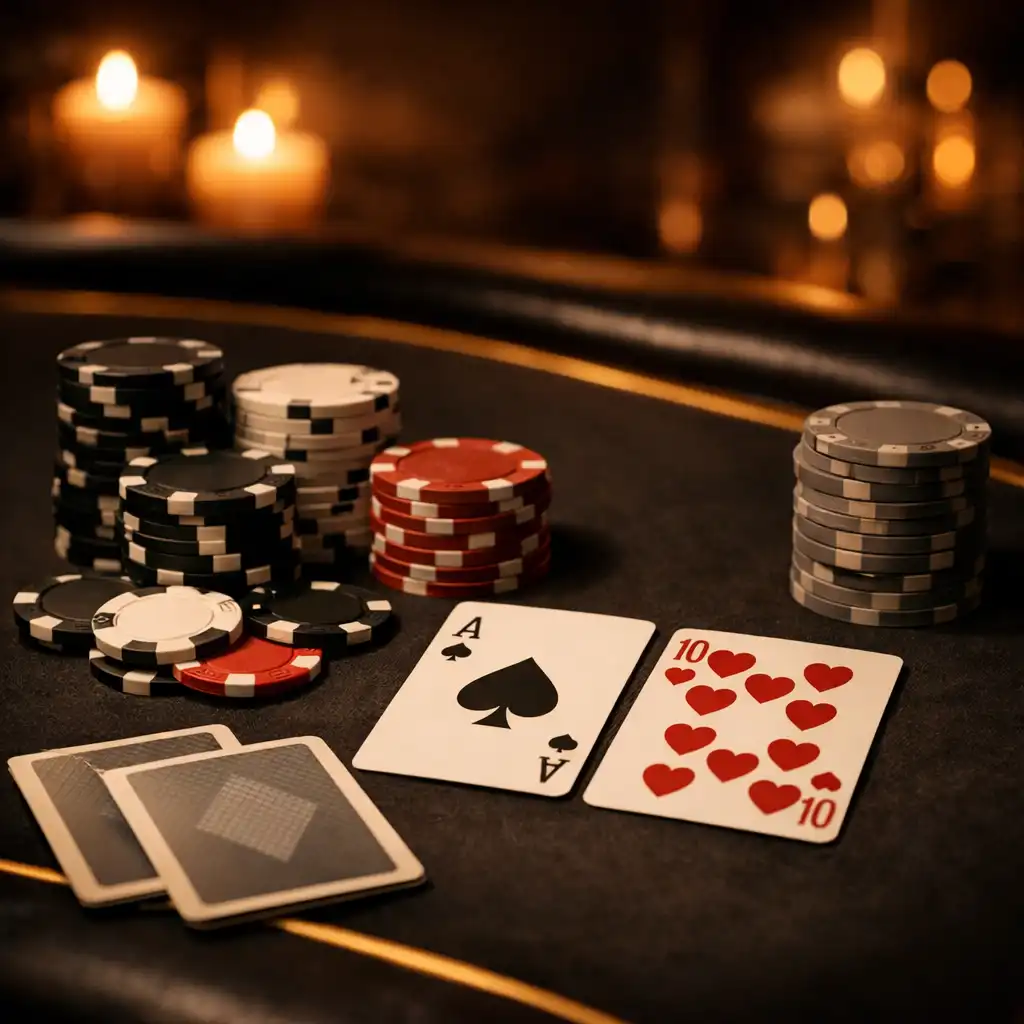 Közeli kép egy prémium pokerasztalról, semleges zsetonokkal és kártyákkal, meleg gyertyafényben