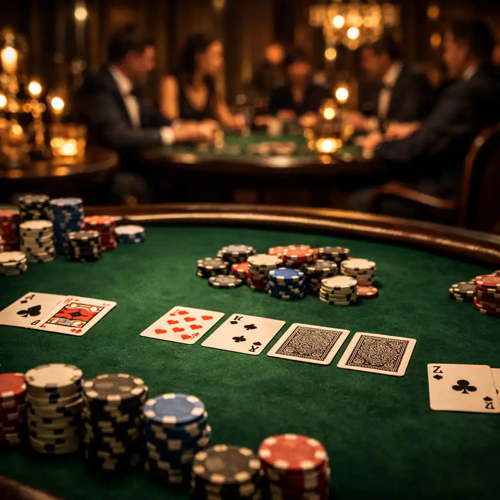 Elegáns offline pokerasztal prémium rendezvényteremben, zöld filc asztallal, zsetonokkal és meleg világítással