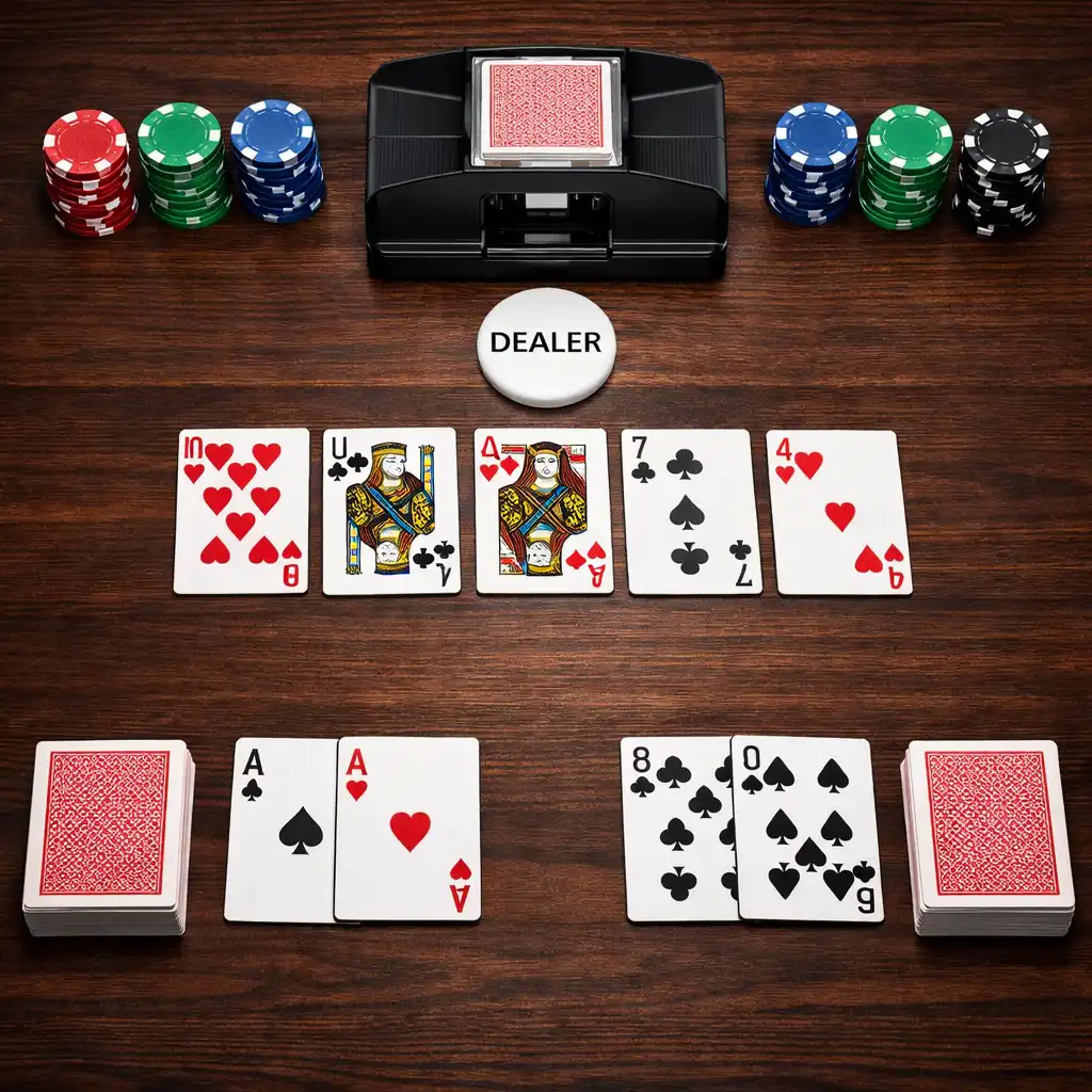 Felülnézeti kép egy pokerasztalról kártyákkal, zsetonokkal, dealer gombbal és kártyakeverővel
