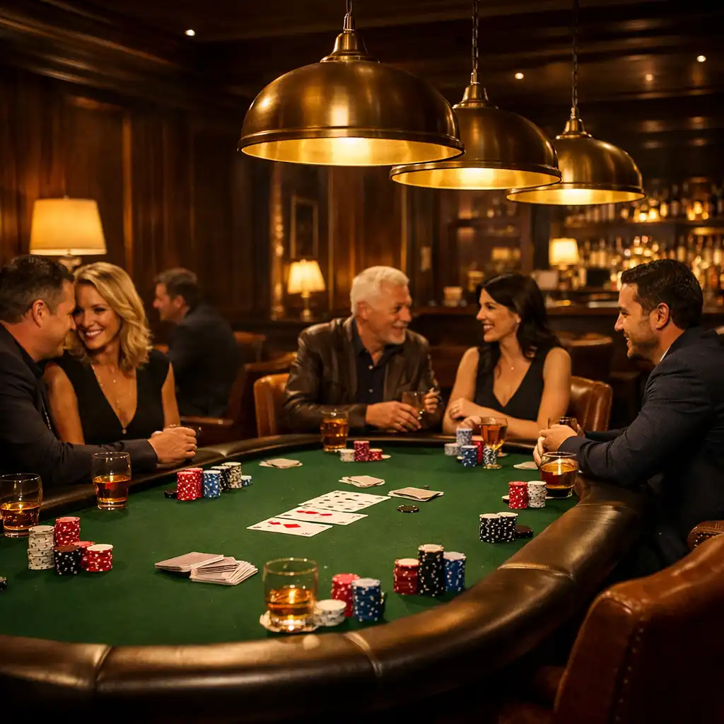 Exkluzív Poker Lounge belső tér sötét faburkolattal, zöld filc asztallal, bőr székekkel és réz lámpákkal