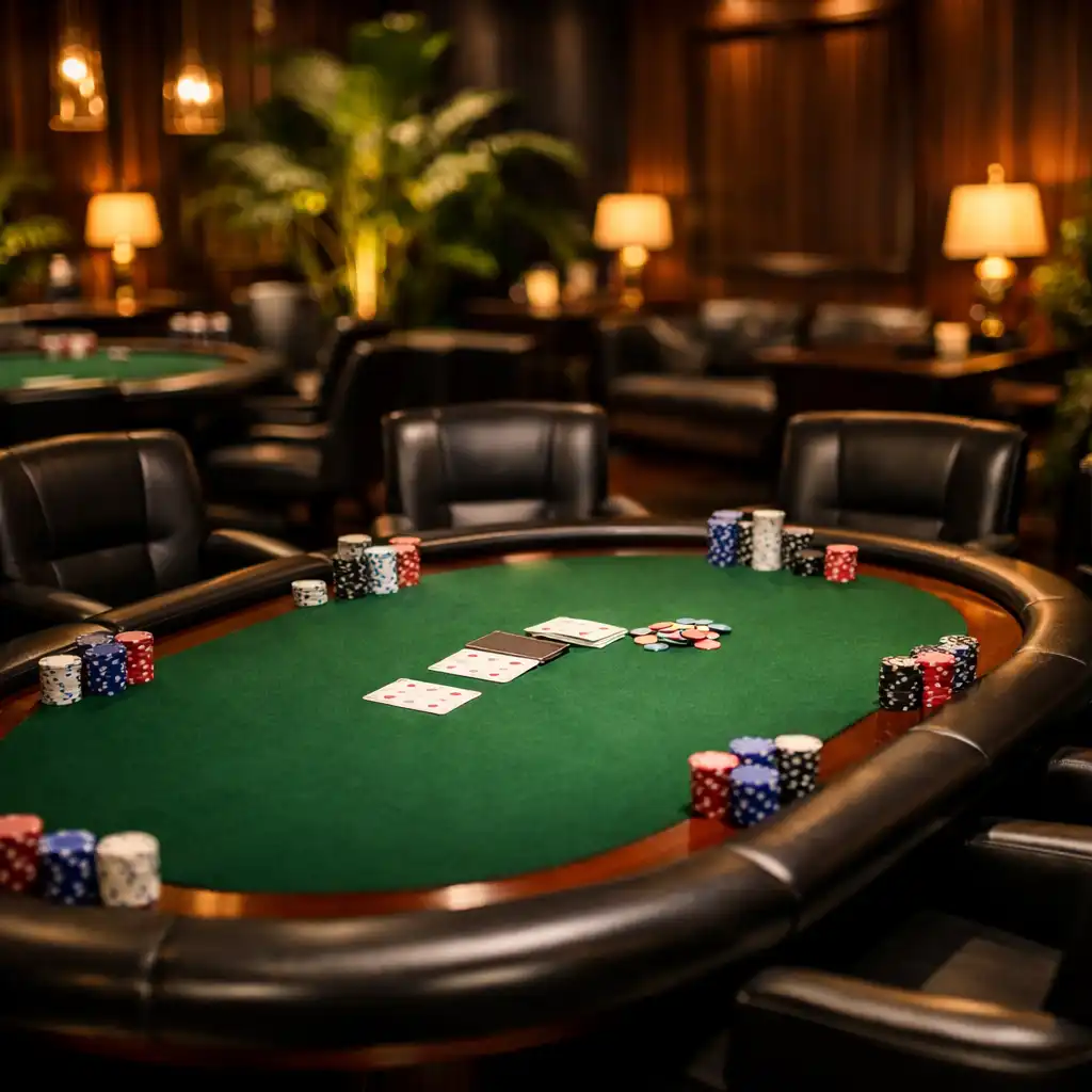 Elegáns Poker Lounge belső tér, középen zöld filc pokerasztal, meleg világítással és botanikai elemekkel