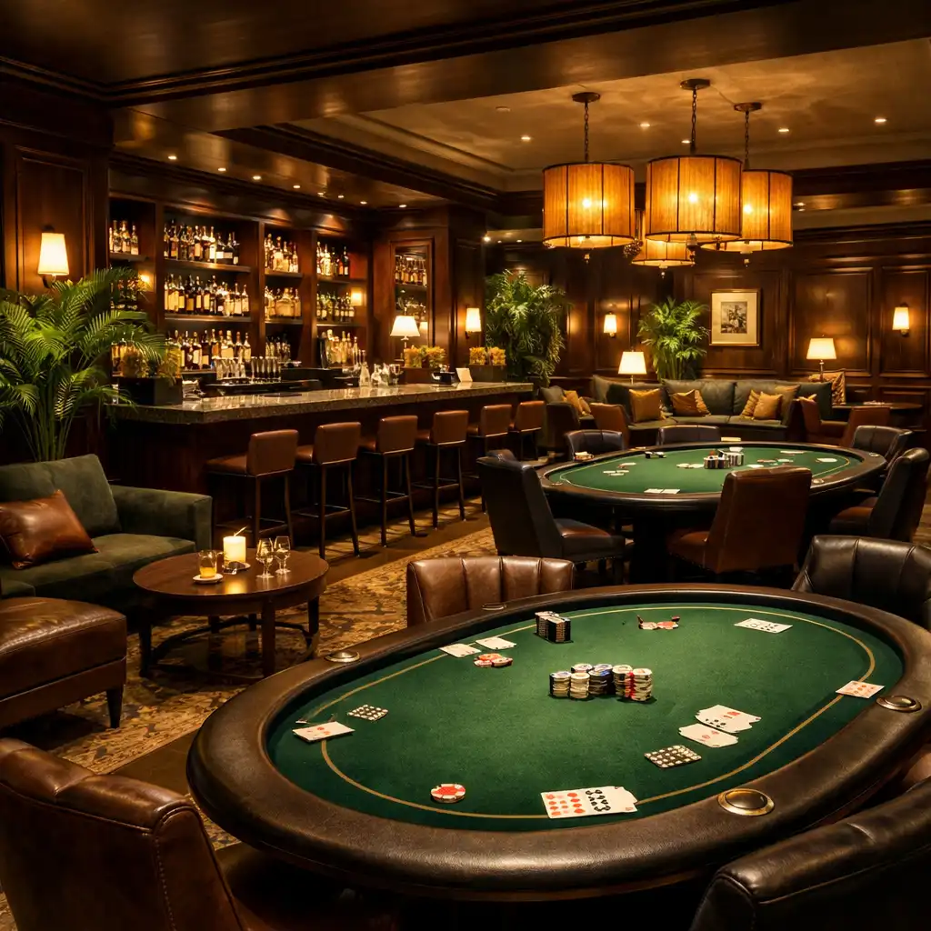 Poker Lounge tér pokerasztalokkal, kényelmes lounge bútorokkal, bárpulttal és elegáns dekorációval