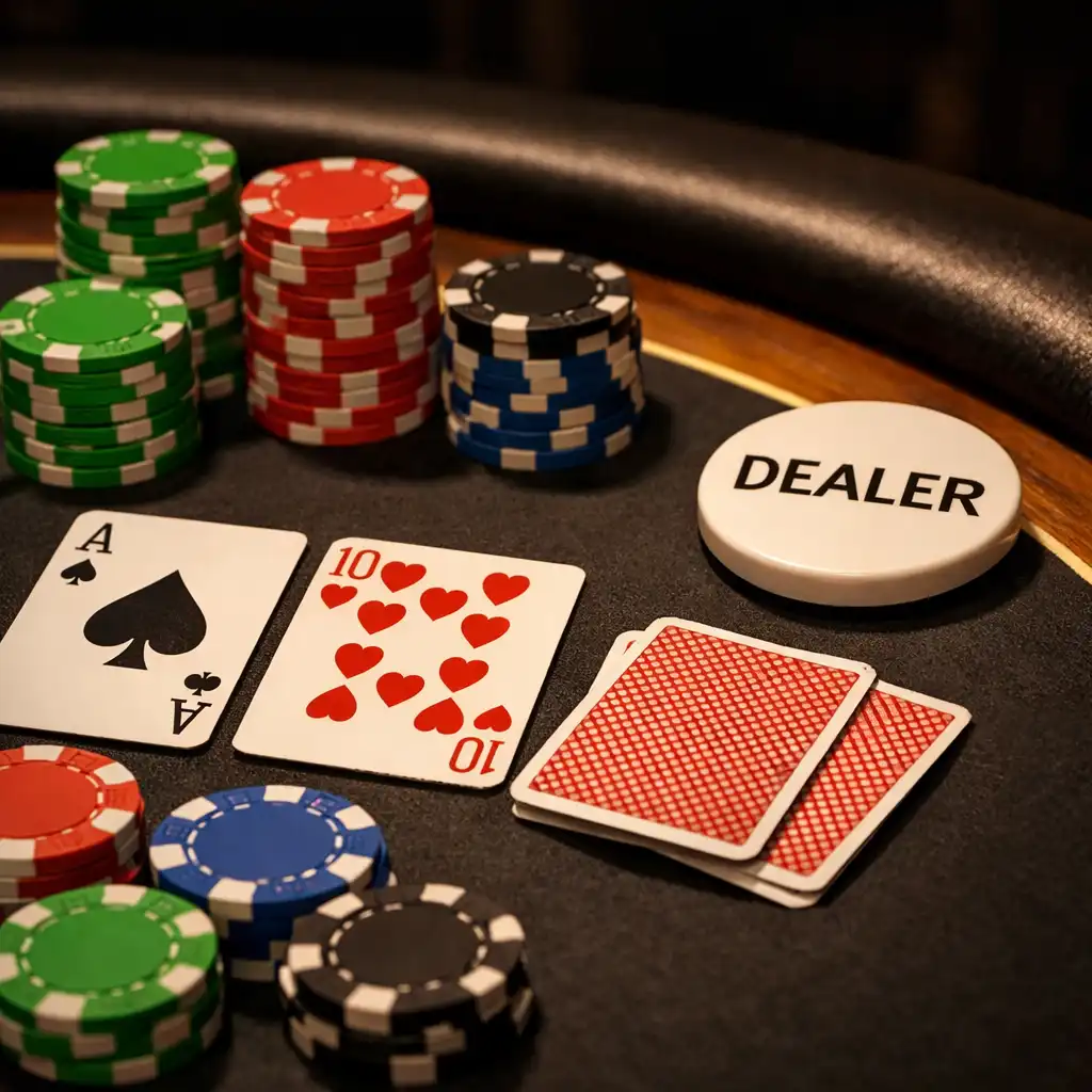 Közeli kép egy prémium pokerasztalról kártyákkal és címlet nélküli zsetonokkal