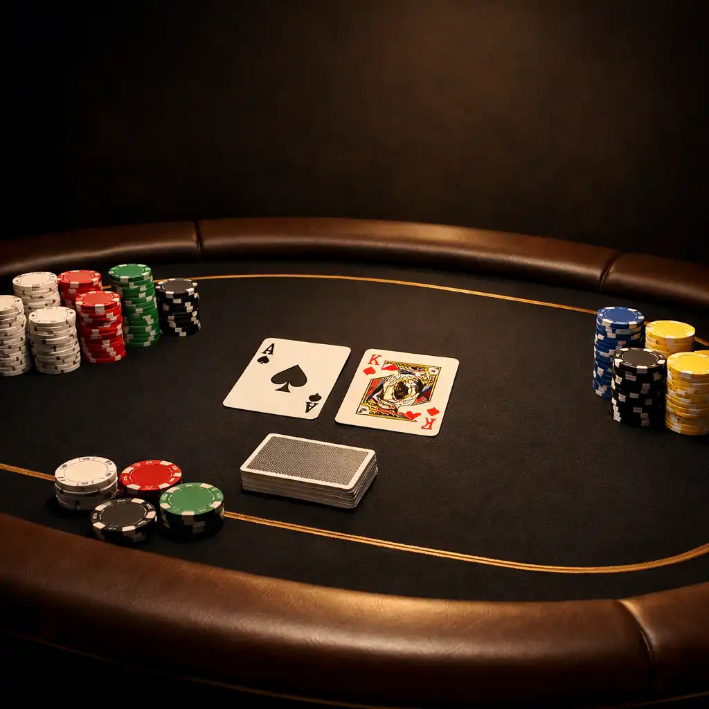 Üres, elegáns pokerasztal prémium posztóborítással, rendezett semleges zsetonokkal és kártyákkal
