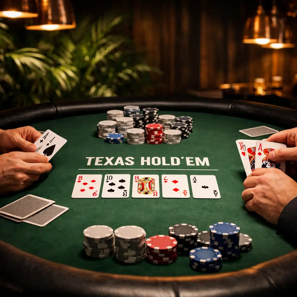 Professzionális Texas Hold’em asztal elegáns sötét helyiségben, játékosok kezei kártyákkal és neutrális zsetonokkal
