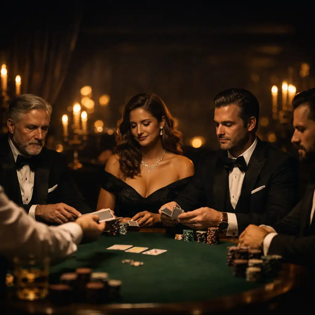 Texas Hold’em játékosok elegáns eseményen, amint éppen lapokat kapnak gyertyafényes környezetben