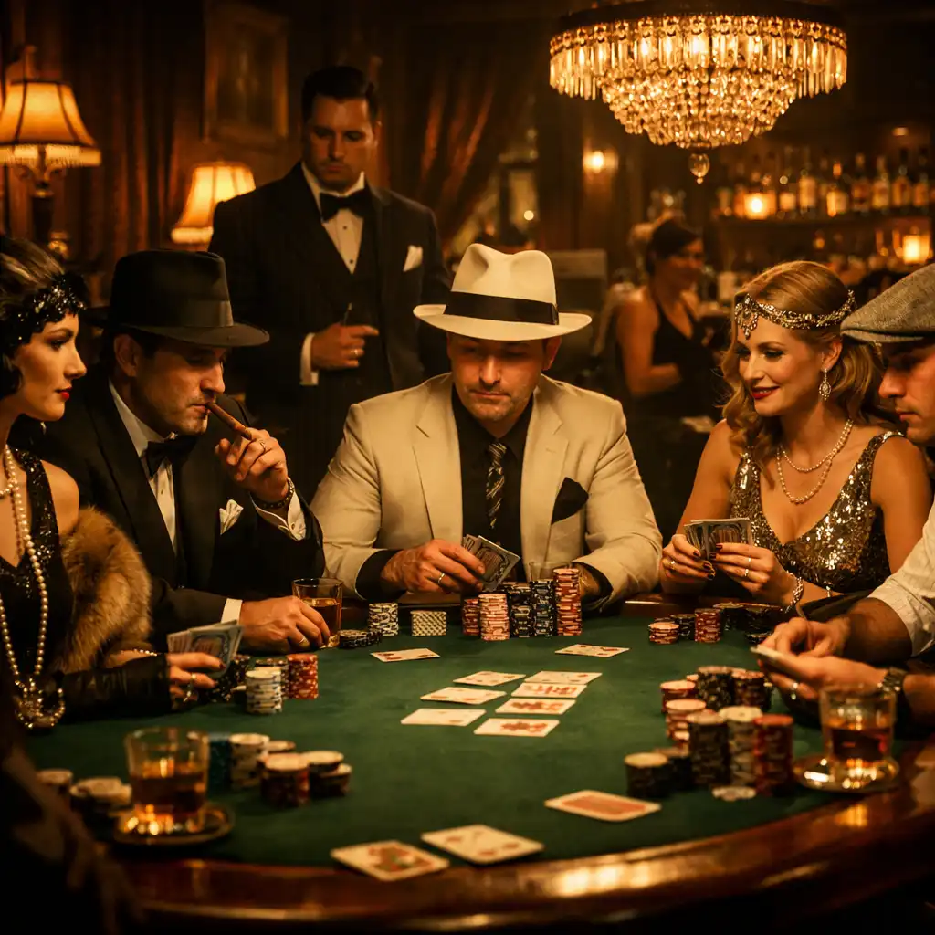 Tematikus poker est, ahol a vendégek 1920-as évekbeli jelmezben játszanak egy elegáns teremben